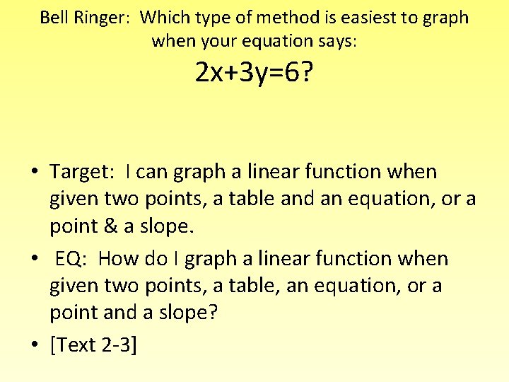 Bell Ringer: Which type of method is easiest to graph when your equation says: Bell Ringer: Which type of method is easiest to graph when your equation says: