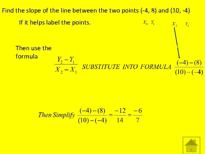 Find the slope of the line between the two points (-4, 8) and (10, Find the slope of the line between the two points (-4, 8) and (10,