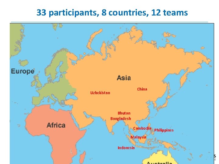 33 participants, 8 countries, 12 teams China 10 Uzbekistan Bhutan Bangladesh Cambodia Philippines Malaysia