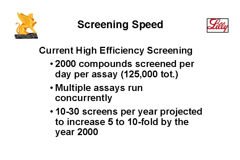 Screening Speed Current High Efficiency Screening • 2000 compounds screened per day per assay