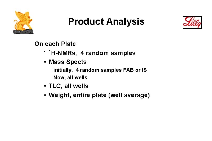 Product Analysis On each Plate • 1 H-NMRs, 4 random samples • Mass Spects