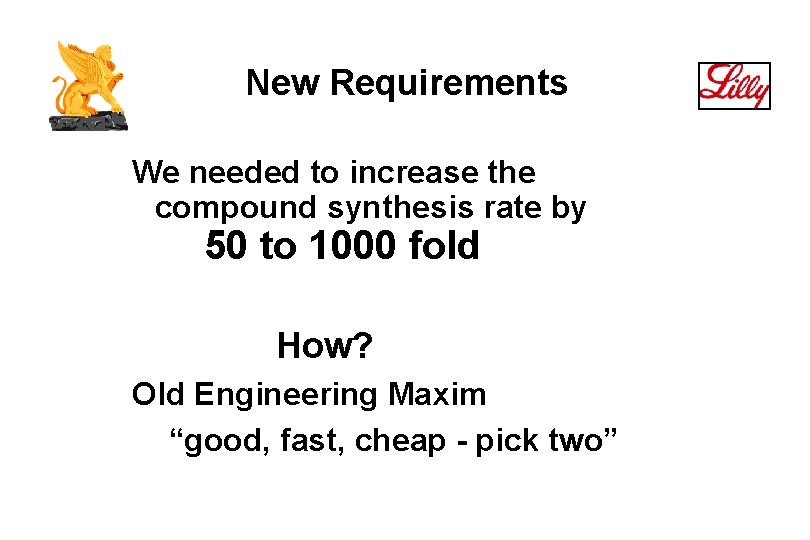 New Requirements We needed to increase the compound synthesis rate by 50 to 1000