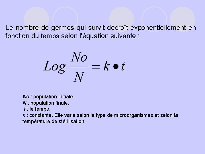 Le nombre de germes qui survit décroît exponentiellement en fonction du temps selon l’équation