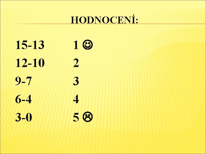 HODNOCENÍ: 15 -13 12 -10 9 -7 6 -4 3 -0 1 2 3