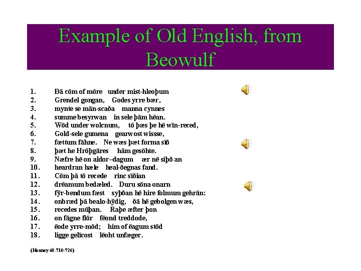 Example of Old English, from Beowulf 1. 2. 3. 4. 5. 6. 7. 8.