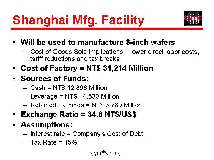 Shanghai Mfg. Facility • Will be used to manufacture 8 -inch wafers – Cost
