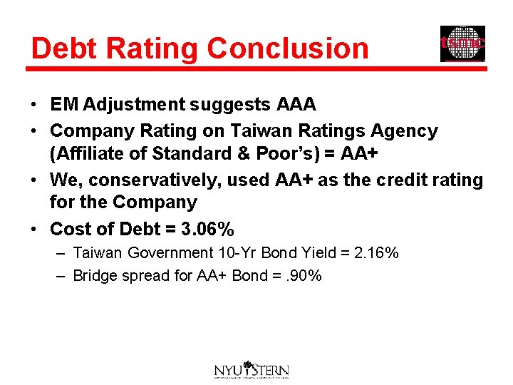 Debt Rating Conclusion • EM Adjustment suggests AAA • Company Rating on Taiwan Ratings