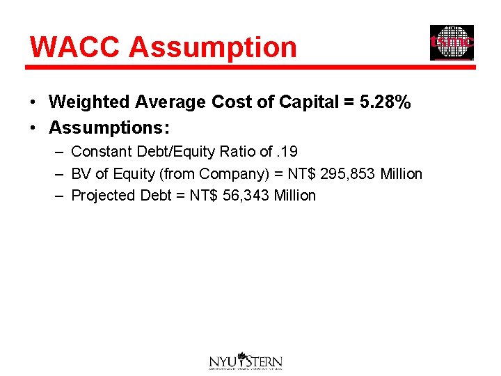 WACC Assumption • Weighted Average Cost of Capital = 5. 28% • Assumptions: –