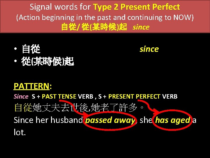 Signal words for Type 2 Present Perfect (Action beginning in the past and continuing
