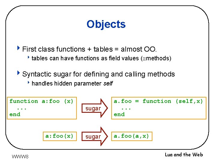 Objects 4 First class functions + tables = almost OO. 8 tables can have