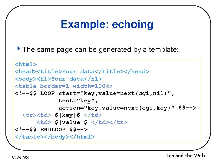 Example: echoing 4 The same page can be generated by a template: <html> <head><title>Your