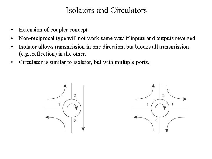 Isolators and Circulators • Extension of coupler concept • Non-reciprocal type will not work