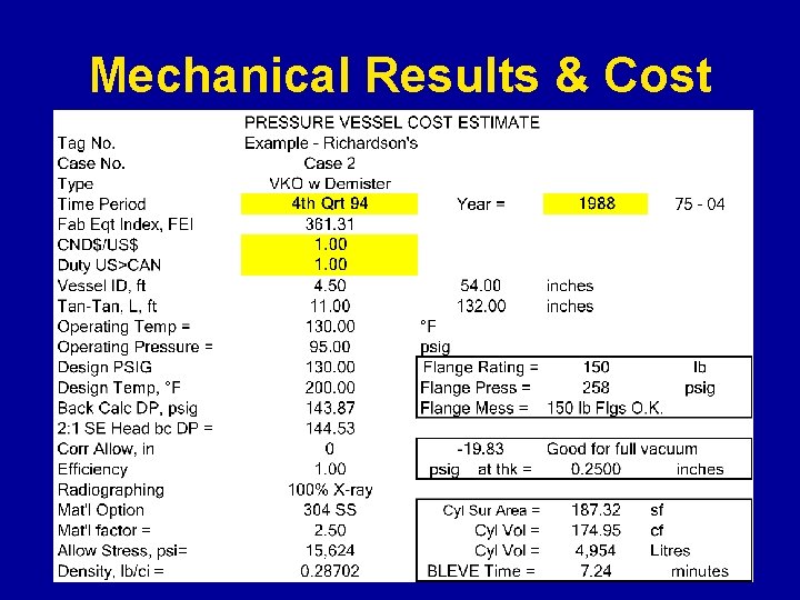 Mechanical Results & Cost 