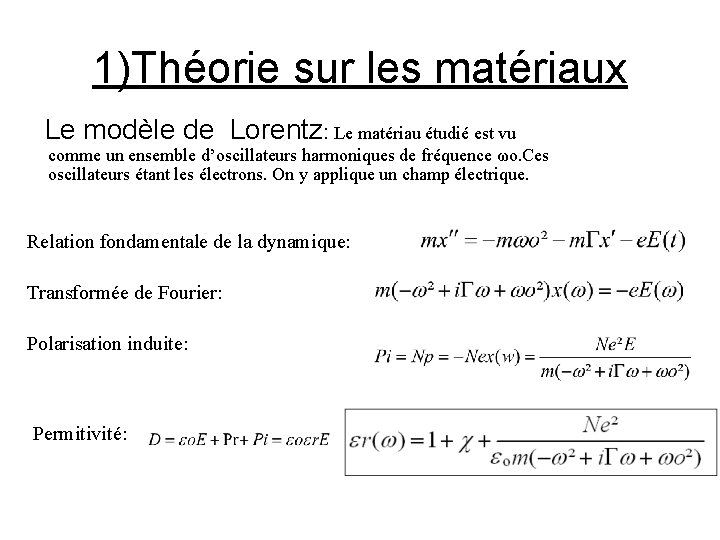 1)Théorie sur les matériaux Le modèle de Lorentz: Le matériau étudié est vu comme