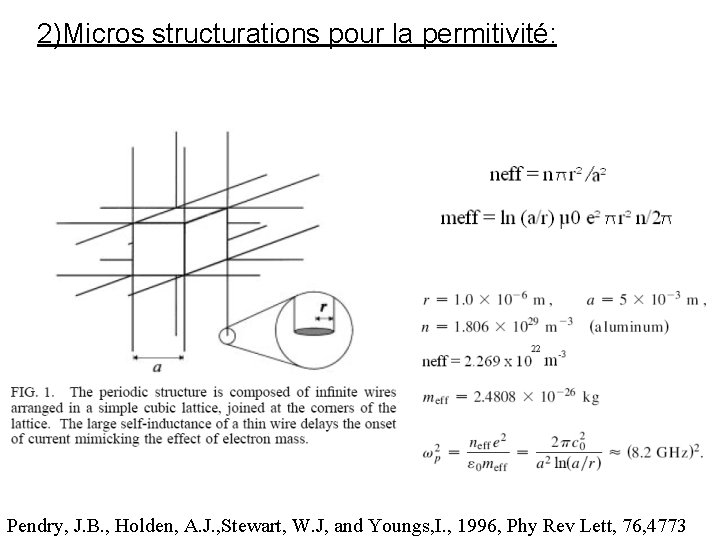 2)Micros structurations pour la permitivité: Pendry, J. B. , Holden, A. J. , Stewart,