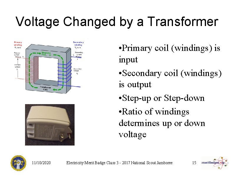 Voltage Changed by a Transformer • Primary coil (windings) is input • Secondary coil