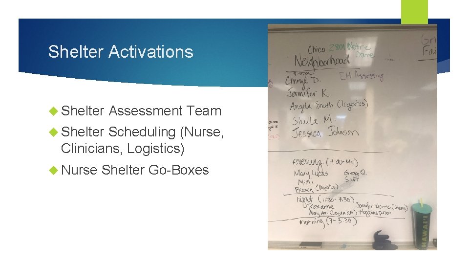 Shelter Activations Shelter Assessment Team Shelter Scheduling (Nurse, Clinicians, Logistics) Nurse Shelter Go-Boxes 