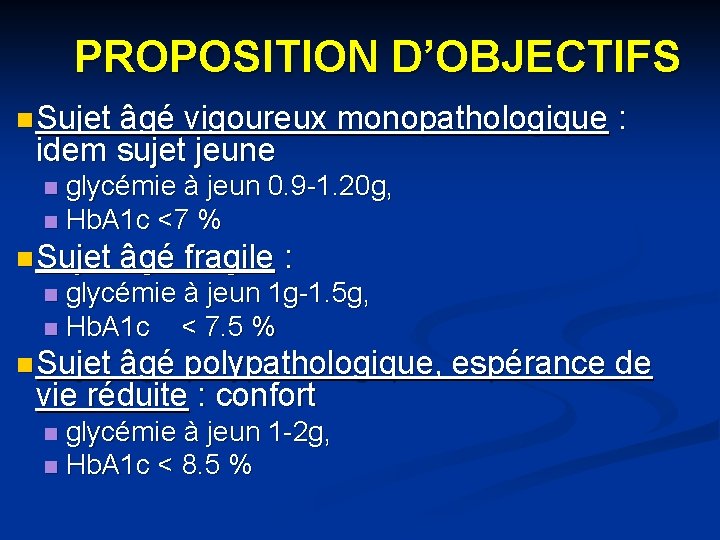 PROPOSITION D’OBJECTIFS n Sujet âgé vigoureux monopathologique : idem sujet jeune glycémie à jeun