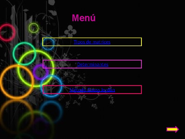 Menú Tipos de matrices Determinantes Método Gauss Jordán 
