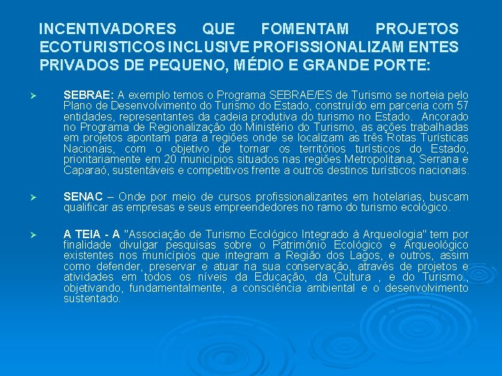 INCENTIVADORES QUE FOMENTAM PROJETOS ECOTURISTICOS INCLUSIVE PROFISSIONALIZAM ENTES PRIVADOS DE PEQUENO, MÉDIO E GRANDE