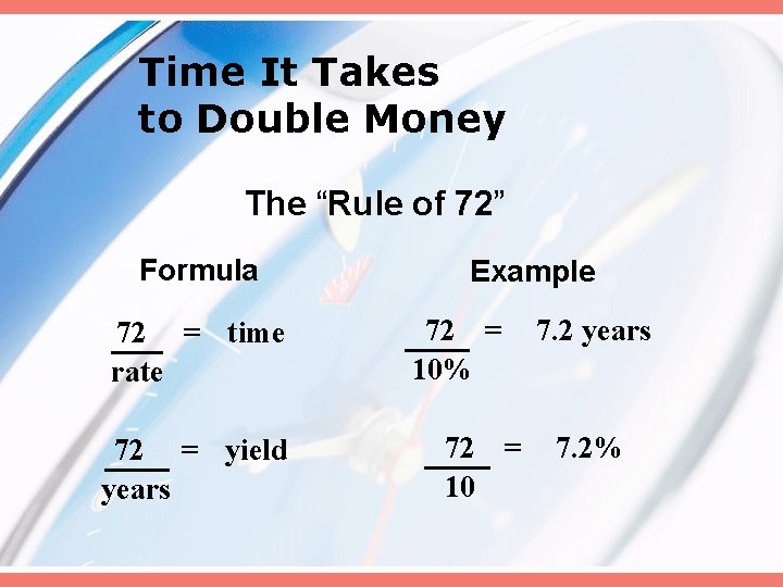 Time It Takes to Double Money The “Rule of 72” Formula 72 = time