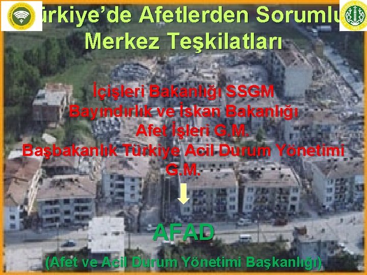 Türkiye’de Afetlerden Sorumlu Merkez Teşkilatları İçişleri Bakanlığı SSGM Bayındırlık ve İskan Bakanlığı Afet İşleri