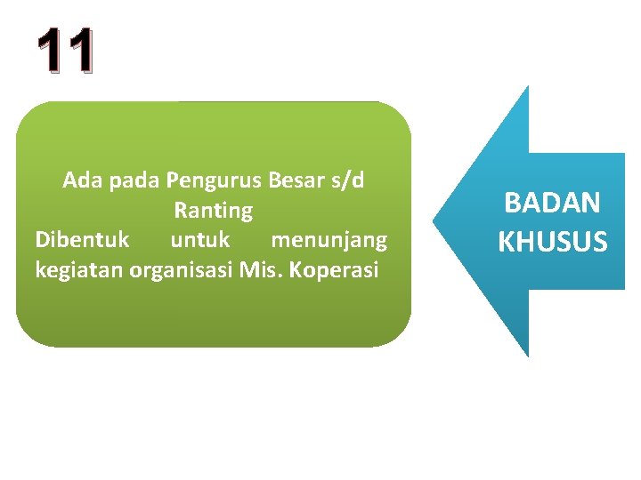 11 Ada pada Pengurus Besar s/d Ranting Dibentuk untuk menunjang kegiatan organisasi Mis. Koperasi