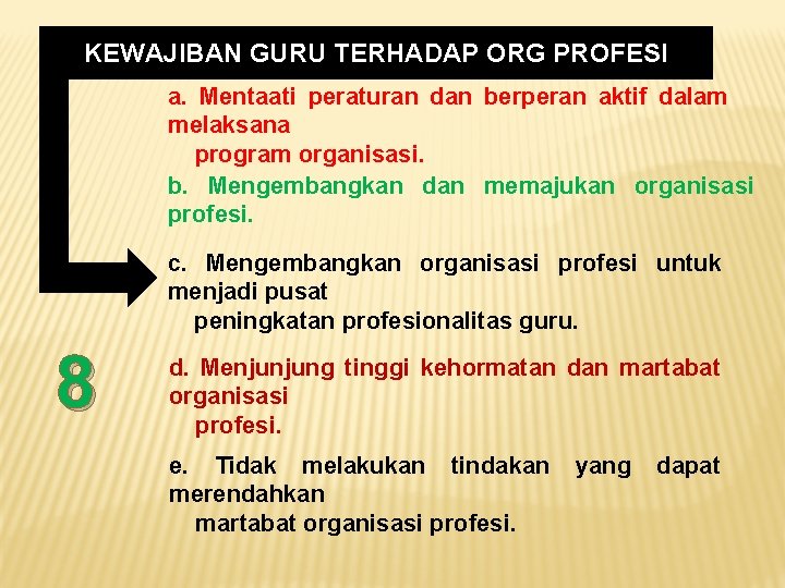 KEWAJIBAN GURU TERHADAP ORG PROFESI a. Mentaati peraturan dan berperan aktif dalam melaksana program