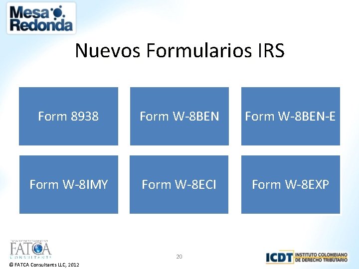Nuevos Formularios IRS Form 8938 Form W-8 BEN-E Form W-8 IMY Form W-8 ECI