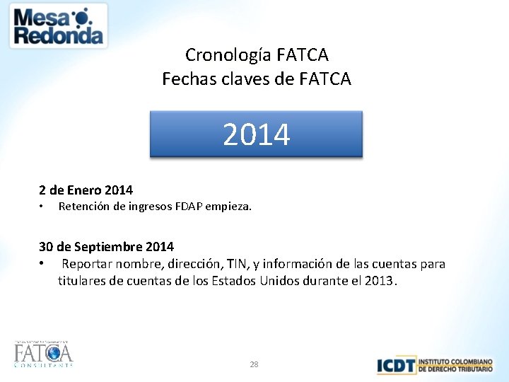 Cronología FATCA Fechas claves de FATCA 2014 2 de Enero 2014 • Retención de