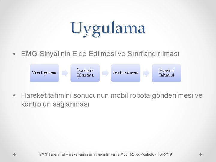 Uygulama • EMG Sinyalinin Elde Edilmesi ve Sınıflandırılması Veri toplama Öznitelik Çıkartma Sınıflandırma Hareket