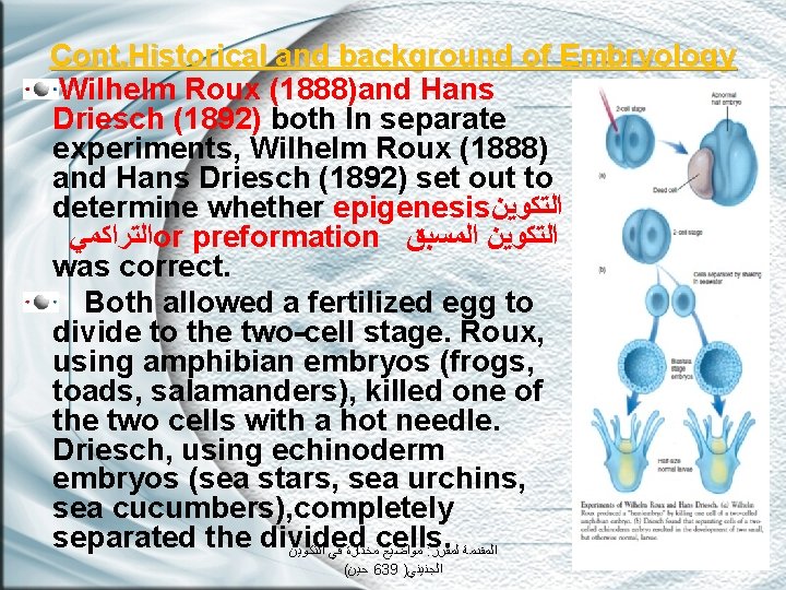 Cont. Historical and background of Embryology Wilhelm Roux (1888)and Hans Driesch (1892) both In