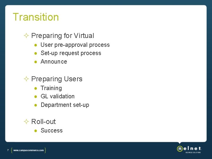 Transition Preparing for Virtual ● User pre-approval process ● Set-up request process ● Announce