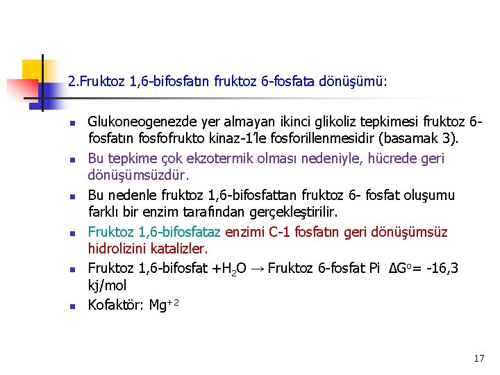 2. Fruktoz 1, 6 -bifosfatın fruktoz 6 -fosfata dönüşümü: n n n Glukoneogenezde yer