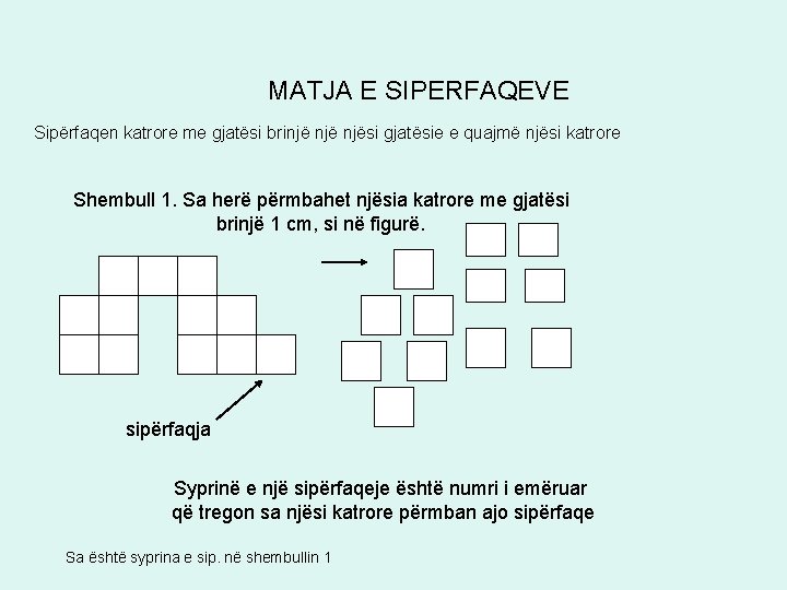 MATJA E SIPERFAQEVE Sipërfaqen katrore me gjatësi brinjë njësi gjatësie e quajmë njësi katrore