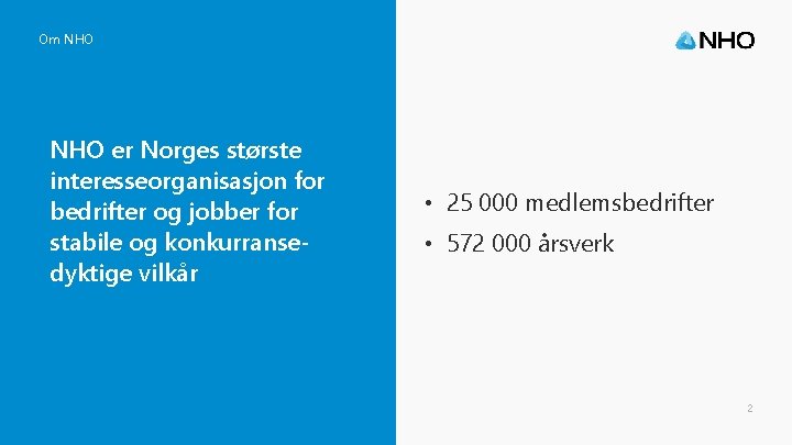 Om NHO er Norges største interesseorganisasjon for bedrifter og jobber for stabile og konkurransedyktige