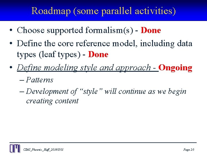 Roadmap (some parallel activities) • Choose supported formalism(s) - Done • Define the core