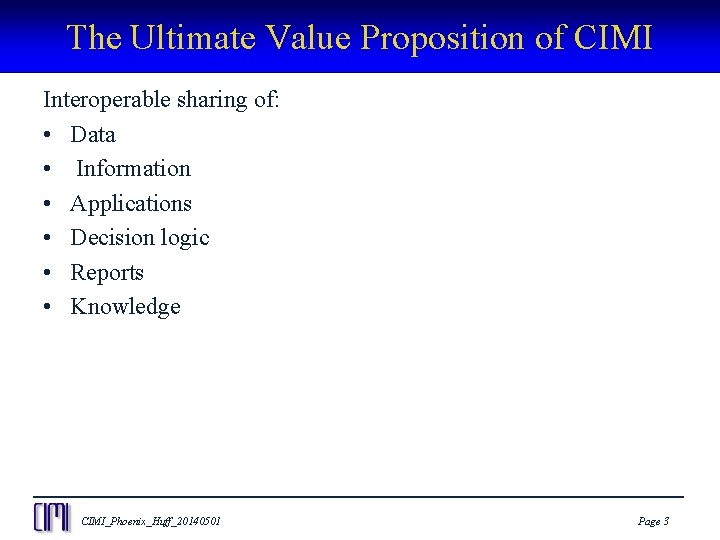 The Ultimate Value Proposition of CIMI Interoperable sharing of: • Data • Information •