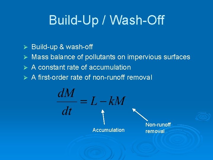 Build-Up / Wash-Off Build-up & wash-off Ø Mass balance of pollutants on impervious surfaces