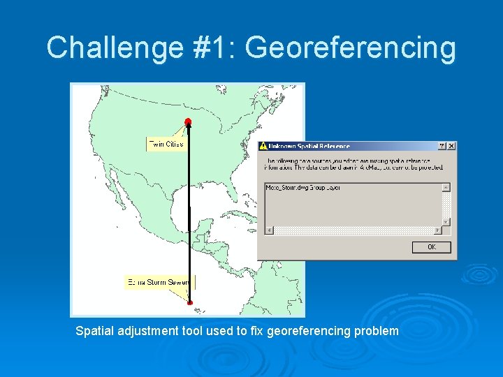 Challenge #1: Georeferencing Spatial adjustment tool used to fix georeferencing problem 