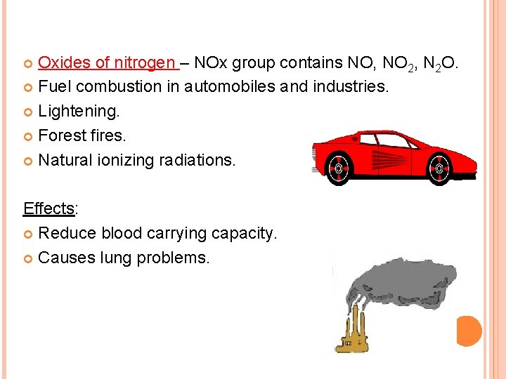 Oxides of nitrogen – NOx group contains NO, NO 2, N 2 O. Fuel