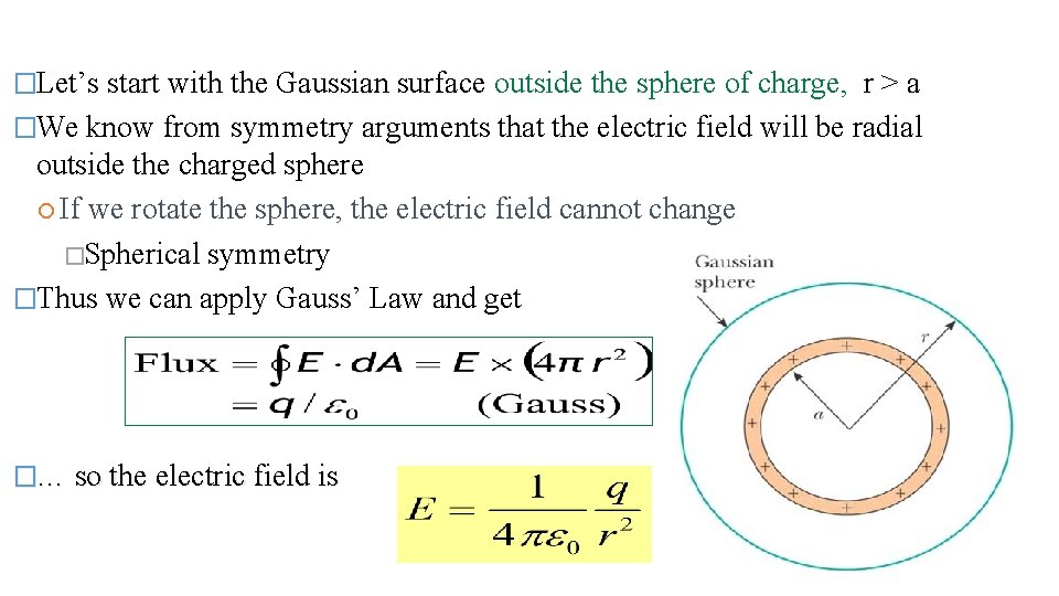 �Let’s start with the Gaussian surface outside the sphere of charge, r > a