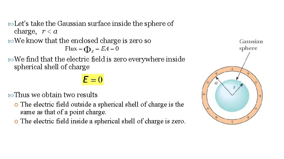  Let’s take the Gaussian surface inside the sphere of charge, r < a