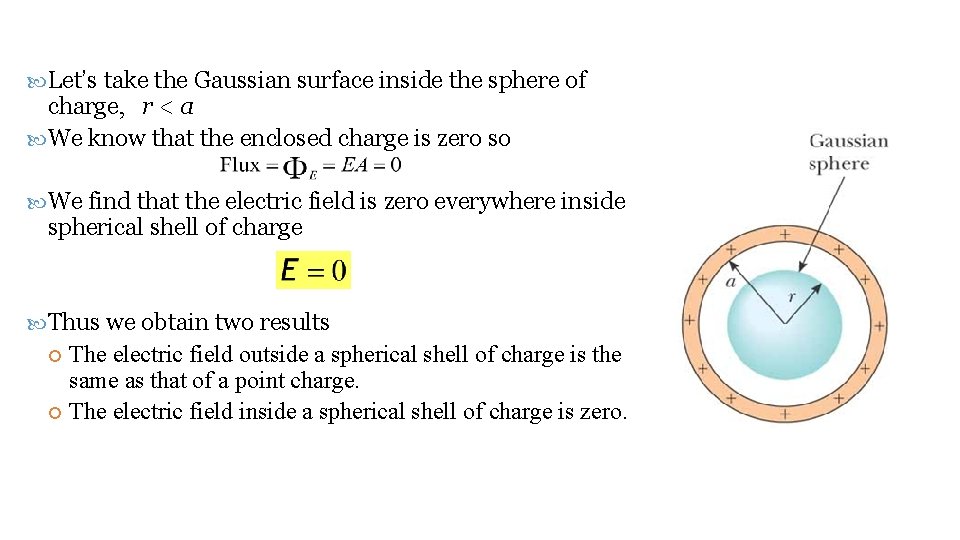  Let’s take the Gaussian surface inside the sphere of charge, r < a