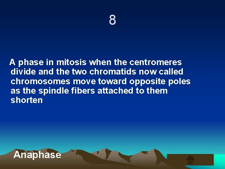 8 A phase in mitosis when the centromeres divide and the two chromatids now