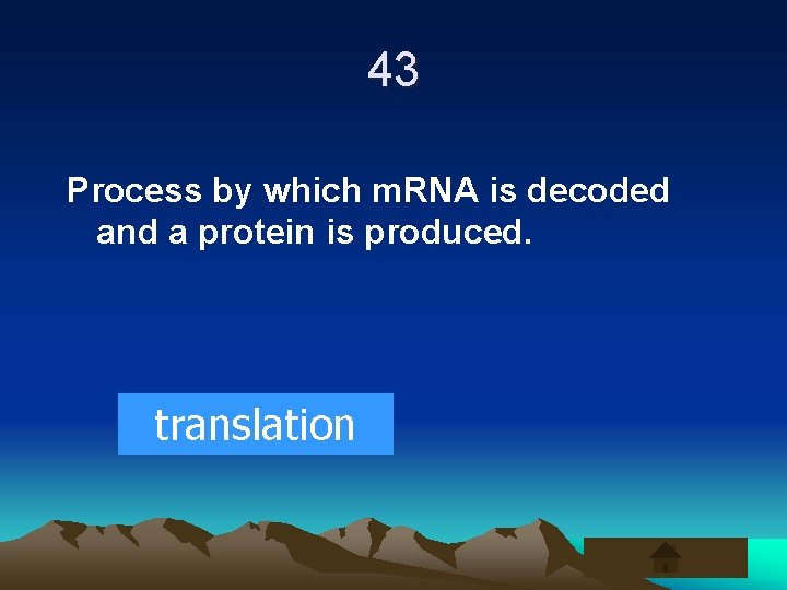 43 Process by which m. RNA is decoded and a protein is produced. translation