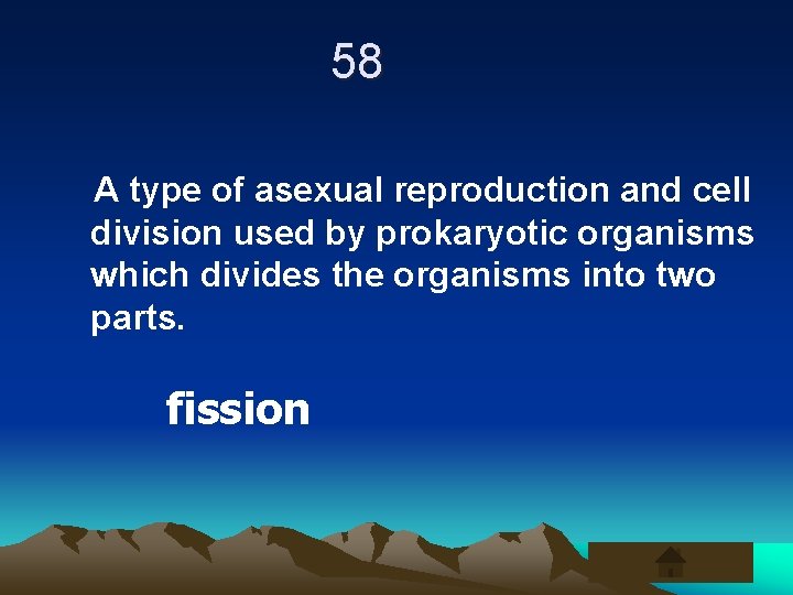 58 A type of asexual reproduction and cell division used by prokaryotic organisms which