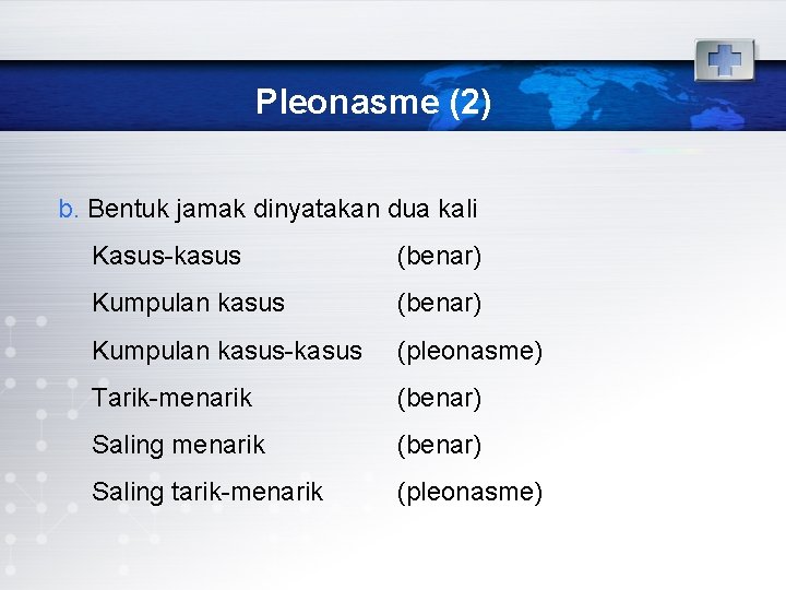 Pleonasme (2) b. Bentuk jamak dinyatakan dua kali Kasus-kasus (benar) Kumpulan kasus-kasus (pleonasme) Tarik-menarik