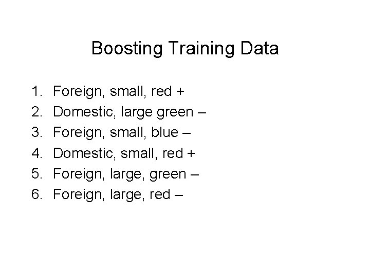 Boosting Training Data 1. 2. 3. 4. 5. 6. Foreign, small, red + Domestic,