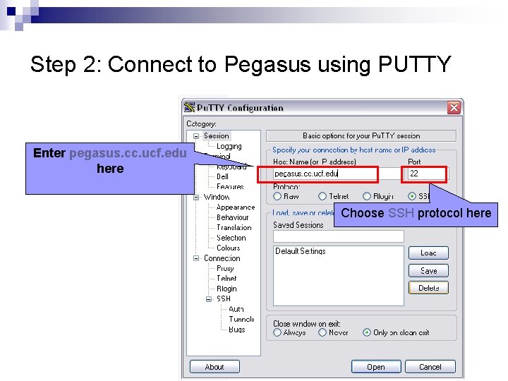 Step 2: Connect to Pegasus using PUTTY Enter pegasus. cc. ucf. edu here Choose